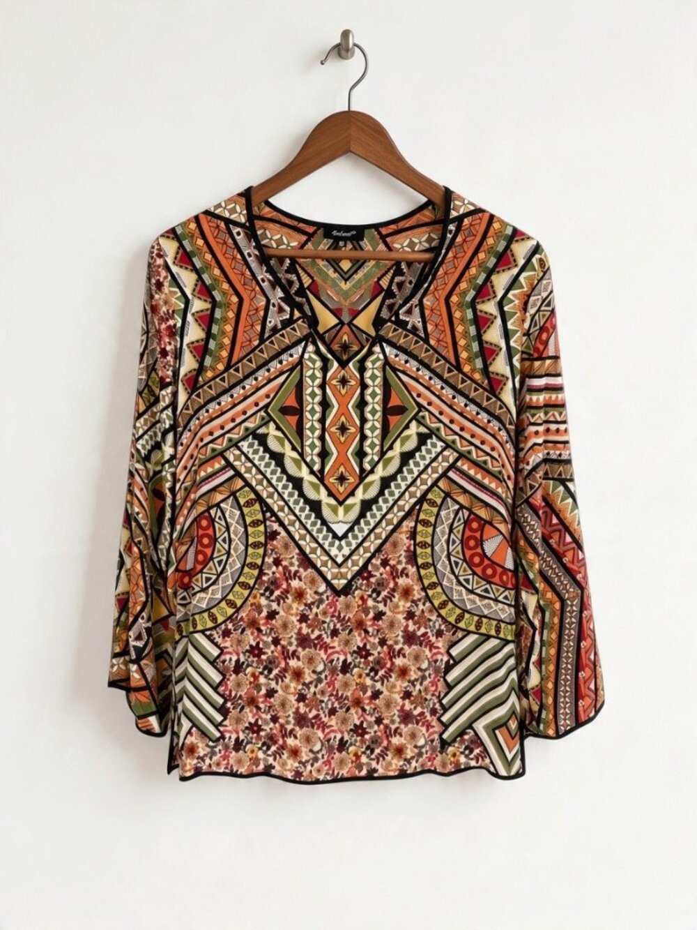 TOLANI 100% SILK FLORAL GEOMETRIC PRINT TUNIC BLOUSE